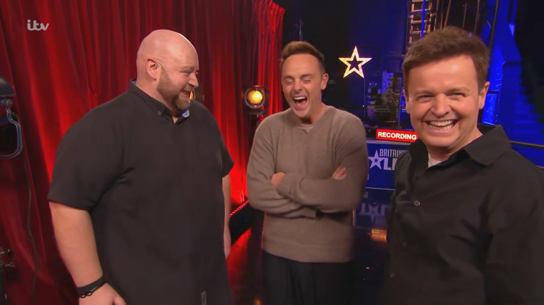 Steven Greenwood laughing backstage with Ant and Dec